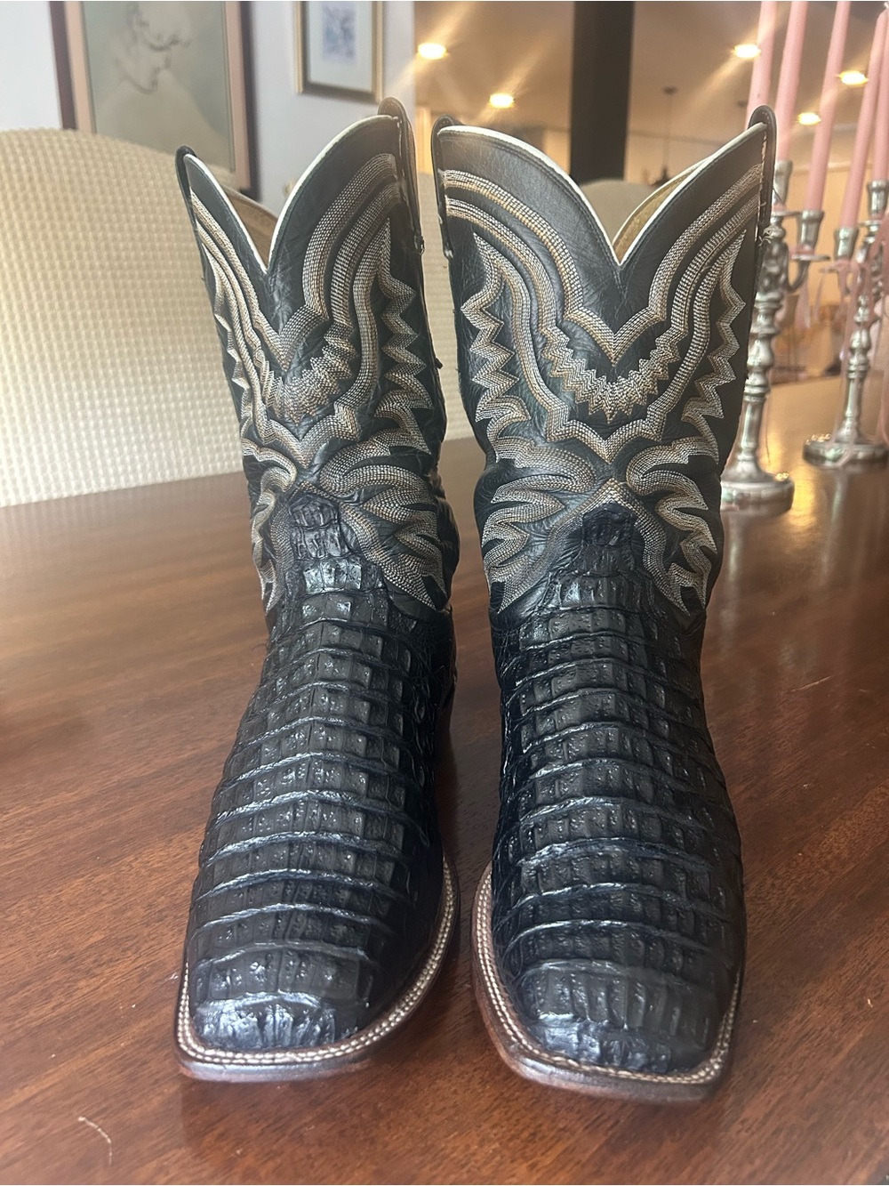 Lucchese Black Crocodile Western Boots with Silver Stitching